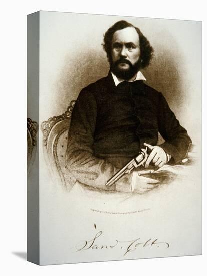 Samuel Colt Holding One of His Percussion Revolvers (Engraving)-American-Stretched Canvas