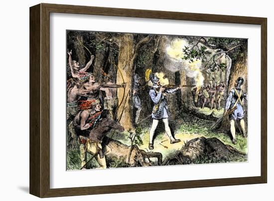 Samuel de Champlain and His Huron Indian Allies Fighting the Iroquois Near Lake Champlain, c.1609-null-Framed Giclee Print