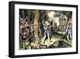 Samuel de Champlain and His Huron Indian Allies Fighting the Iroquois Near Lake Champlain, c.1609-null-Framed Giclee Print