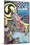 Samurai Fighting in Front of City on Water-null-Mounted Giclee Print