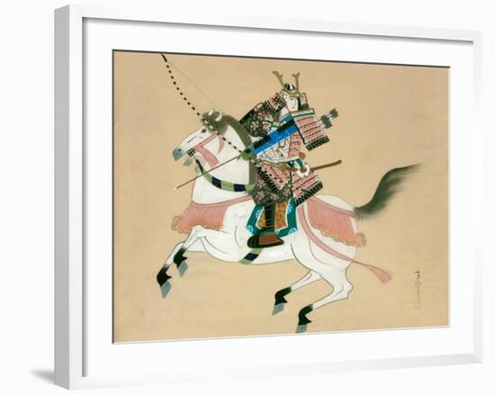 Samurai Warrior Riding a Horse, a Japanese Painting on Silk, in a Traditional Japanese Style-null-Framed Giclee Print