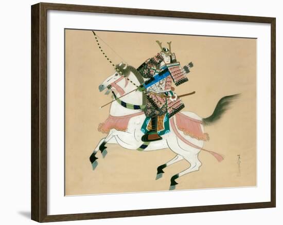 Samurai Warrior Riding a Horse, a Japanese Painting on Silk, in a Traditional Japanese Style-null-Framed Giclee Print