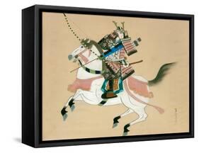 Samurai Warrior Riding a Horse, a Japanese Painting on Silk, in a Traditional Japanese Style-null-Framed Stretched Canvas