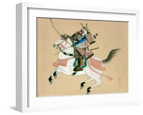 Samurai Warrior Riding a Horse, a Japanese Painting on Silk, in a Traditional Japanese Style-null-Framed Giclee Print