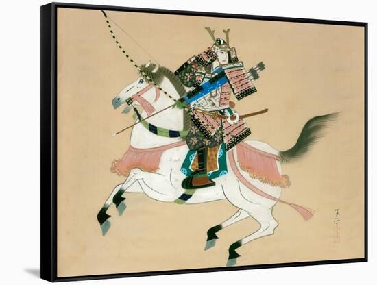 Samurai Warrior Riding a Horse, a Japanese Painting on Silk, in a Traditional Japanese Style-null-Framed Stretched Canvas