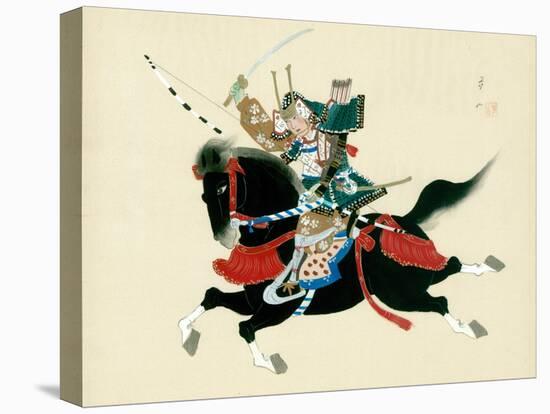 Samurai Warrior Riding a Horse, a Japanese Painting on Silk, in a Traditional Japanese Style-null-Stretched Canvas