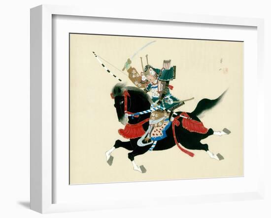 Samurai Warrior Riding a Horse, a Japanese Painting on Silk, in a Traditional Japanese Style-null-Framed Giclee Print