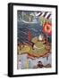 Samurai with Banner in Front of City on Water-null-Framed Giclee Print