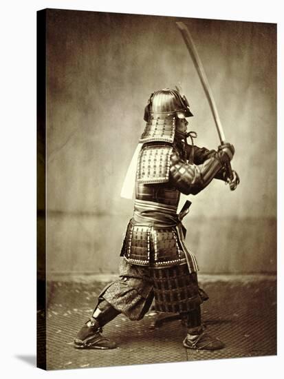 Samurai with Raised Sword, circa 1860-Felice Beato-Stretched Canvas