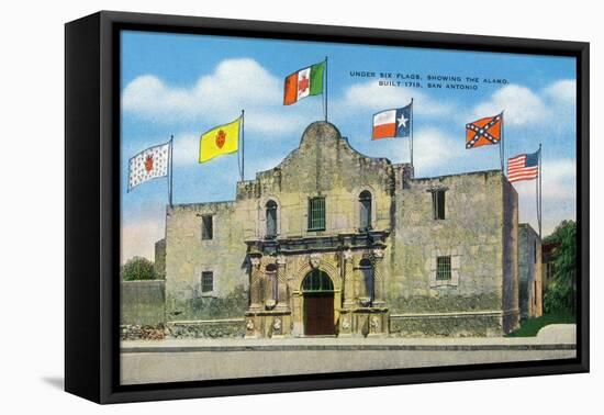 San Antonio, Texas - Exterior View of the Alamo under Six Different Flags, c.1940-Lantern Press-Framed Stretched Canvas