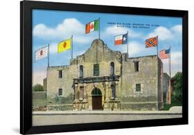 San Antonio, Texas - Exterior View of the Alamo under Six Different Flags, c.1940-Lantern Press-Framed Art Print