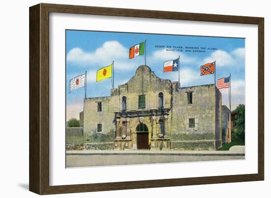 San Antonio, Texas - Exterior View of the Alamo under Six Different Flags, c.1940-Lantern Press-Framed Art Print