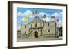 San Antonio, Texas - Exterior View of the Alamo under Six Different Flags, c.1940-Lantern Press-Framed Art Print