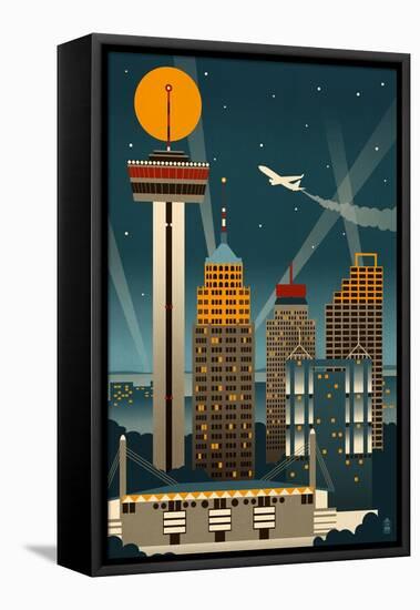 San Antonio, Texas - Retro Skyline (no text)-Lantern Press-Framed Stretched Canvas
