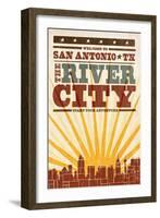 San Antonio, Texas - Skyline and Sunburst Screenprint Style-Lantern Press-Framed Art Print