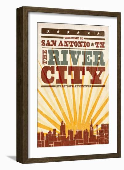 San Antonio, Texas - Skyline and Sunburst Screenprint Style-Lantern Press-Framed Art Print