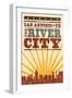 San Antonio, Texas - Skyline and Sunburst Screenprint Style-Lantern Press-Framed Art Print