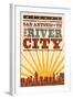 San Antonio, Texas - Skyline and Sunburst Screenprint Style-Lantern Press-Framed Art Print