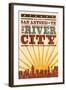 San Antonio, Texas - Skyline and Sunburst Screenprint Style-Lantern Press-Framed Art Print