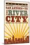 San Antonio, Texas - Skyline and Sunburst Screenprint Style-Lantern Press-Mounted Art Print