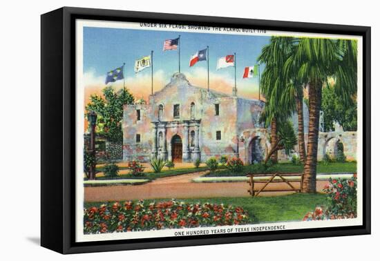 San Antonio, Tx - Exterior View of the Alamo, French, Spanish, Us, Republic, Mexican Flags, c.1944-Lantern Press-Framed Stretched Canvas