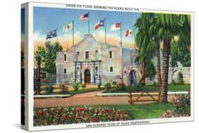 San Antonio, Tx - Exterior View of the Alamo, French, Spanish, Us, Republic, Mexican Flags, c.1944-Lantern Press-Stretched Canvas