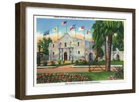 San Antonio, Tx - Exterior View of the Alamo, French, Spanish, Us, Republic, Mexican Flags, c.1944-Lantern Press-Framed Art Print