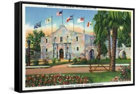 San Antonio, Tx - Exterior View of the Alamo, French, Spanish, Us, Republic, Mexican Flags, c.1944-Lantern Press-Framed Stretched Canvas