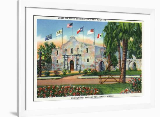 San Antonio, Tx - Exterior View of the Alamo, French, Spanish, Us, Republic, Mexican Flags, c.1944-Lantern Press-Framed Premium Giclee Print