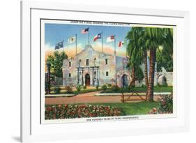 San Antonio, Tx - Exterior View of the Alamo, French, Spanish, Us, Republic, Mexican Flags, c.1944-Lantern Press-Framed Premium Giclee Print