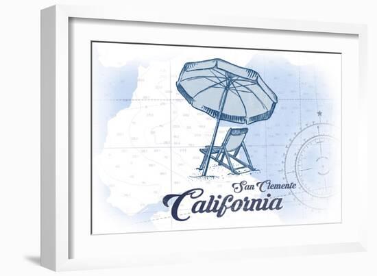 San Clemente, California - Beach Chair and Umbrella - Blue - Coastal Icon-Lantern Press-Framed Art Print