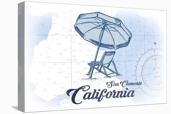 San Clemente, California - Beach Chair and Umbrella - Blue - Coastal Icon-Lantern Press-Stretched Canvas