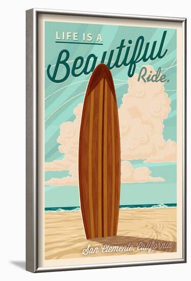 San Clemente, California - Surf Board Letterpress - Life is a Beautiful Ride-Lantern Press-Framed Art Print