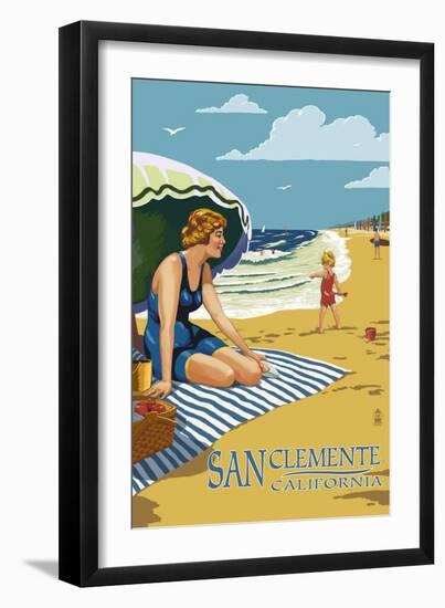 San Clemente, California - Woman on the Beach-Lantern Press-Framed Art Print