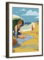 San Clemente, California - Woman on the Beach-Lantern Press-Framed Art Print