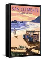 San Clemente, California - Woody on Beach-Lantern Press-Framed Stretched Canvas
