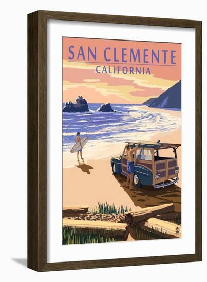 San Clemente, California - Woody on Beach-Lantern Press-Framed Art Print
