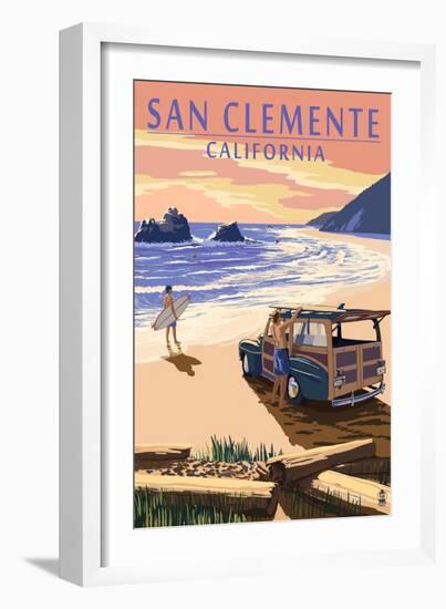 San Clemente, California - Woody on Beach-Lantern Press-Framed Art Print