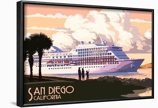 San Diego, California - Cruise Ship and Sunset-Lantern Press-Framed Art Print