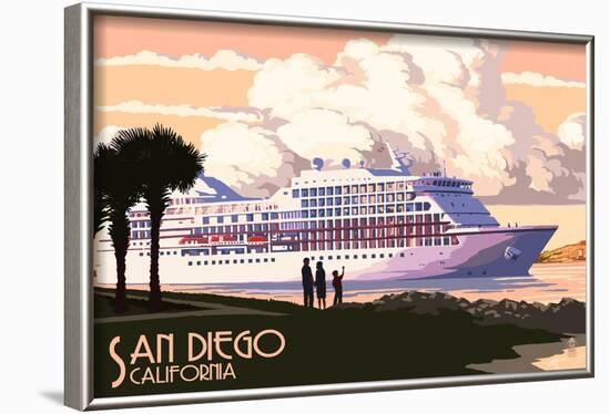 San Diego, California - Cruise Ship and Sunset-Lantern Press-Framed Art Print