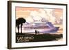 San Diego, California - Cruise Ship and Sunset-Lantern Press-Framed Art Print