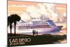 San Diego, California - Cruise Ship and Sunset-Lantern Press-Mounted Art Print