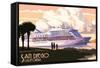 San Diego, California - Cruise Ship and Sunset-Lantern Press-Framed Stretched Canvas