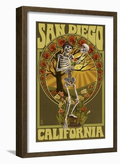 San Diego, California - Day of the Dead - Skeleton Holding Sugar Skull-Lantern Press-Framed Art Print