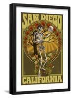 San Diego, California - Day of the Dead - Skeleton Holding Sugar Skull-Lantern Press-Framed Art Print