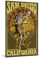 San Diego, California - Day of the Dead - Skeleton Holding Sugar Skull-Lantern Press-Mounted Art Print