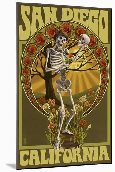 San Diego, California - Day of the Dead - Skeleton Holding Sugar Skull-Lantern Press-Mounted Art Print