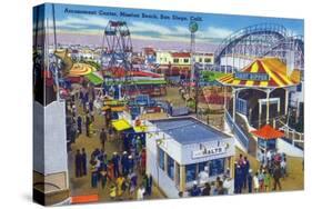 San Diego, California - Mission Beach Amusement Center Scene-Lantern Press-Stretched Canvas