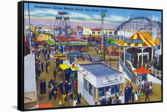 San Diego, California - Mission Beach Amusement Center Scene-Lantern Press-Framed Stretched Canvas