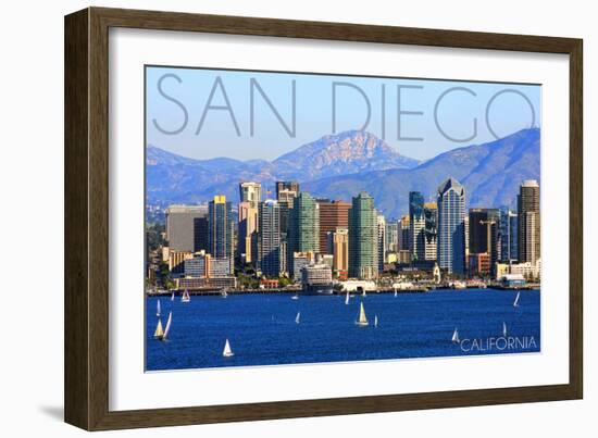 San Diego, California - Mountains and Sailboats-Lantern Press-Framed Art Print